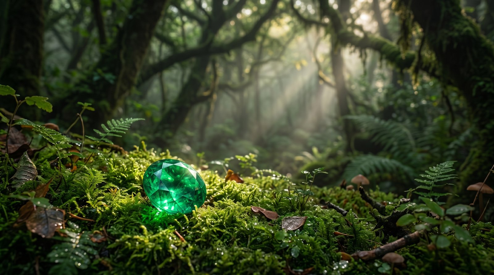 Emerald gemstone in forest setting
