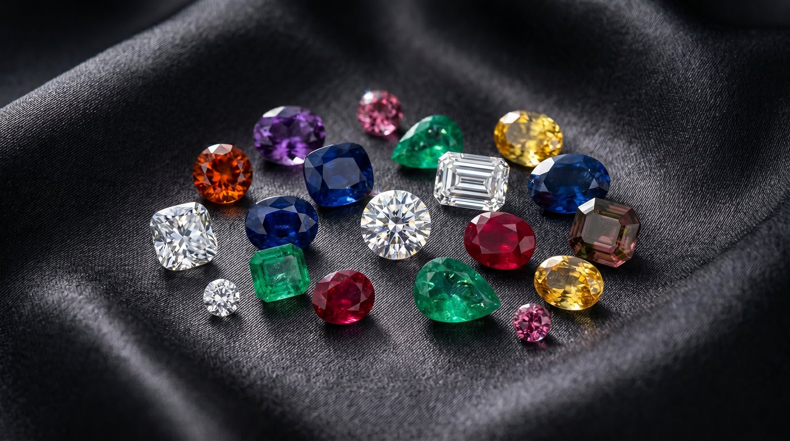 Gemstone collection on black fabric