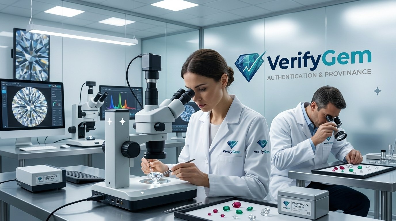 Gemologist examining a gemstone under microscope
